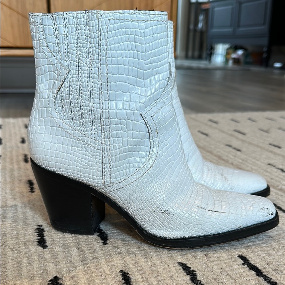 White Croc-Embossed Ankle Boots